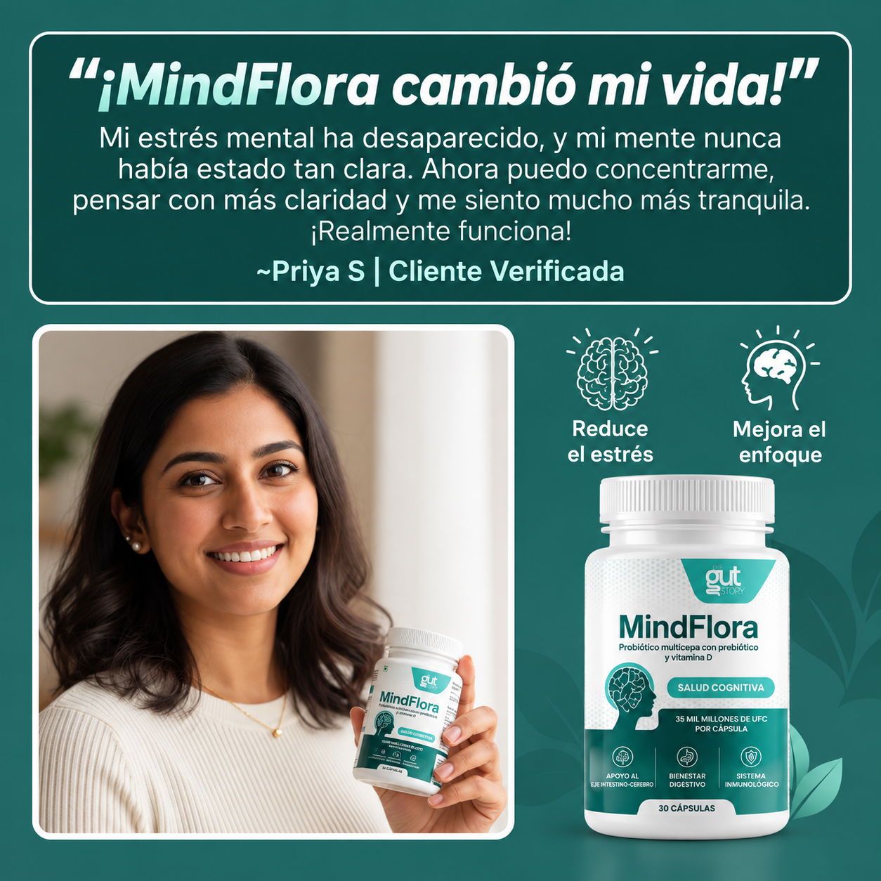 MINDFLORA® 3 EN 1 | PSICOBIÓTICO – Digestión, Hinchazón y Bienestar Intestinal